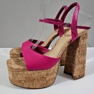 Schutz Glayce Platform Cork Block Heel Sandal Womens 9.5 Hot Pink Leather Chunky